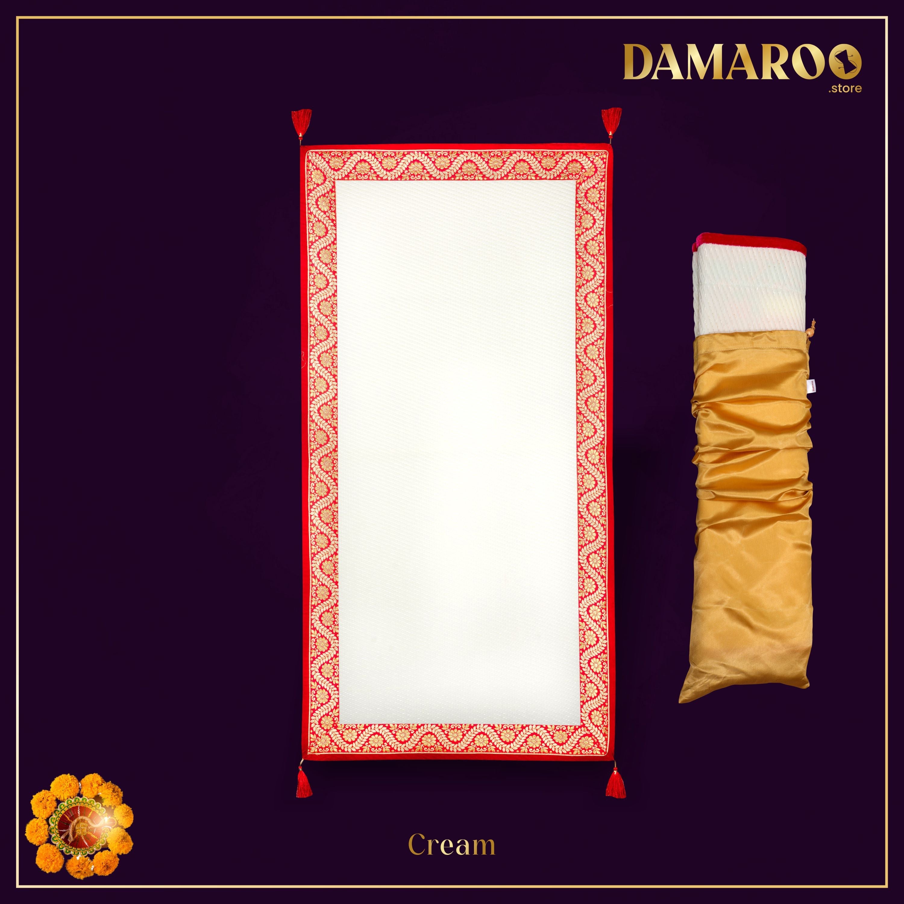 Damaroo 2x4 ft | Graceful Nylon Pooja Couple Mat | Red & Subtle Golden Trim & Tassels - Cream - Distacart