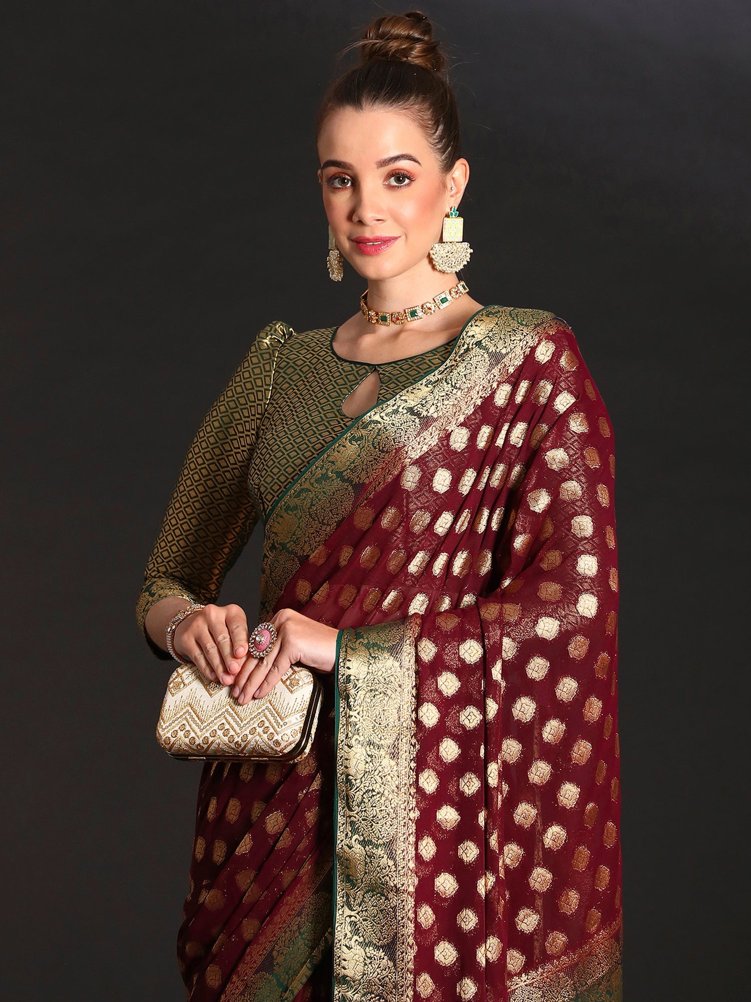 NOZ2TOZ Women's Georgette Burgundy Woven Design Designer Saree With Blouse Piece - Distacart