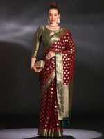 Thumbnail for NOZ2TOZ Women's Georgette Burgundy Woven Design Designer Saree With Blouse Piece - Distacart