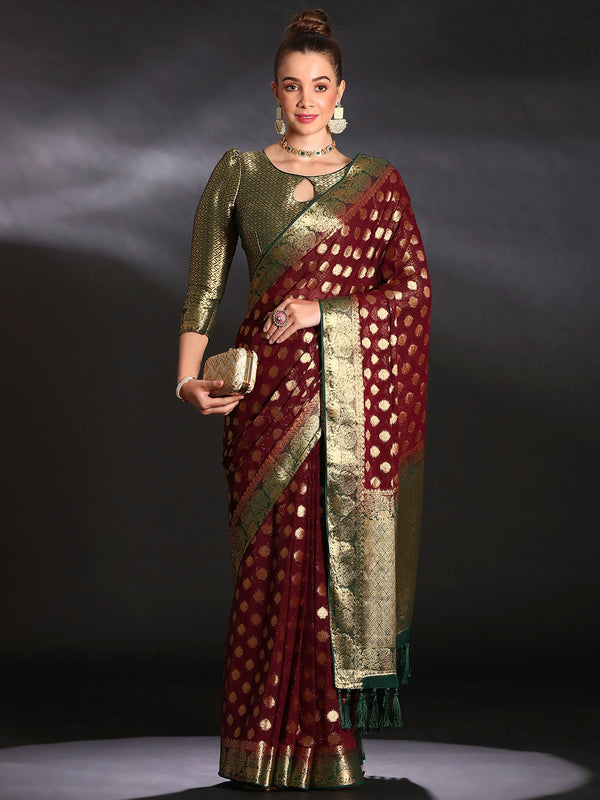 NOZ2TOZ Women's Georgette Burgundy Woven Design Designer Saree With Blouse Piece - Distacart