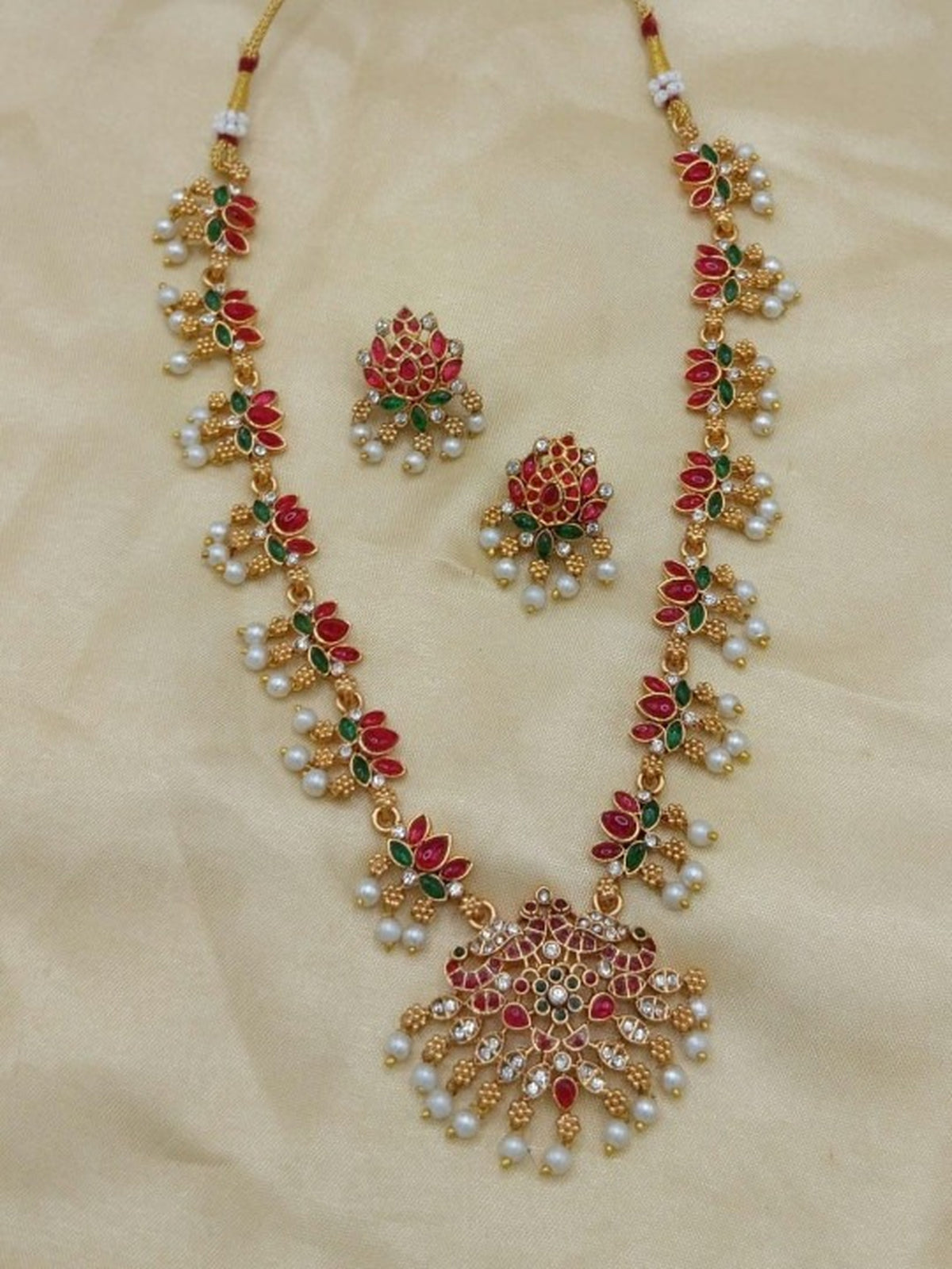 Jewel City Traditional Gold-Plated Red Green Pearl Necklace Set for Women | Ethnic Bridal Jewelry