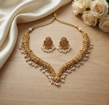 Jewel City Handcrafted Traditional Gold-Plated Choker Necklace Set with Pearl Drops - Ethnic Jewelry for Weddings - Dista