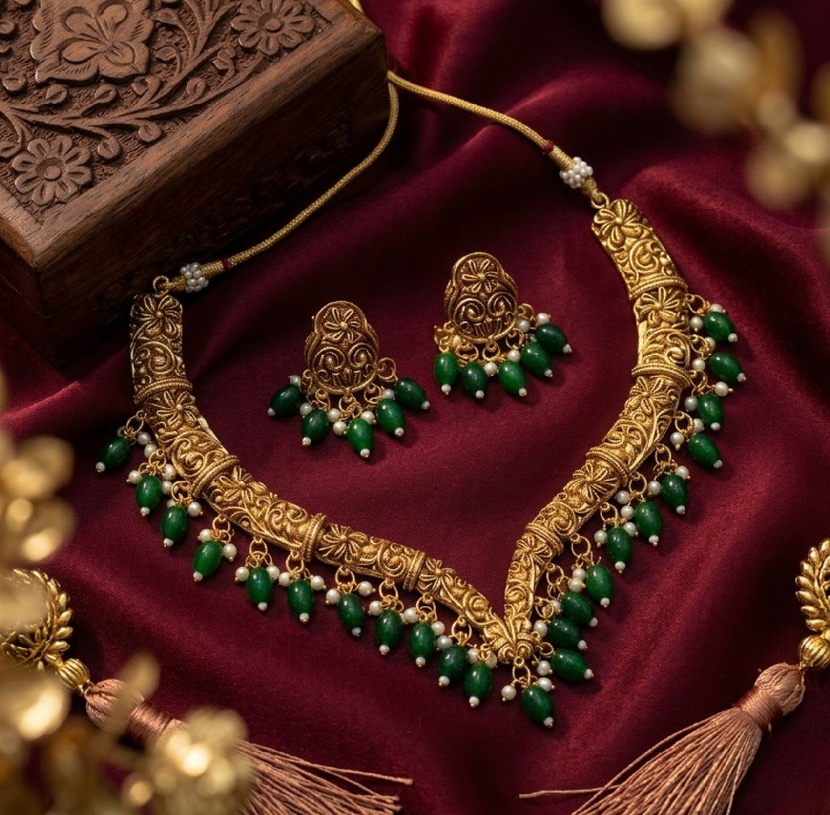 Jewel City Handcrafted Traditional Gold-Plated Choker Necklace Set with Pearl Drops - Ethnic Jewelry for Weddings - Dista