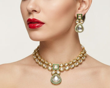 Jewel City Handcrafted Gold-Plated Kundan Choker Necklace Set with Earrings | Traditional Ethnic Indian Bridal Jewelry for Women - Dista