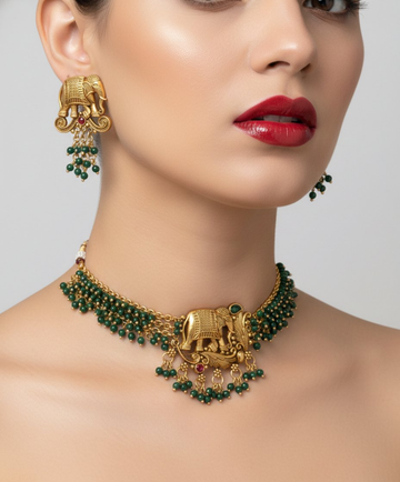 Jewel City Exquisite Handcrafted Elephant Motif Green Jewelry Set - Where Tradition Meets Elegance - Distacart