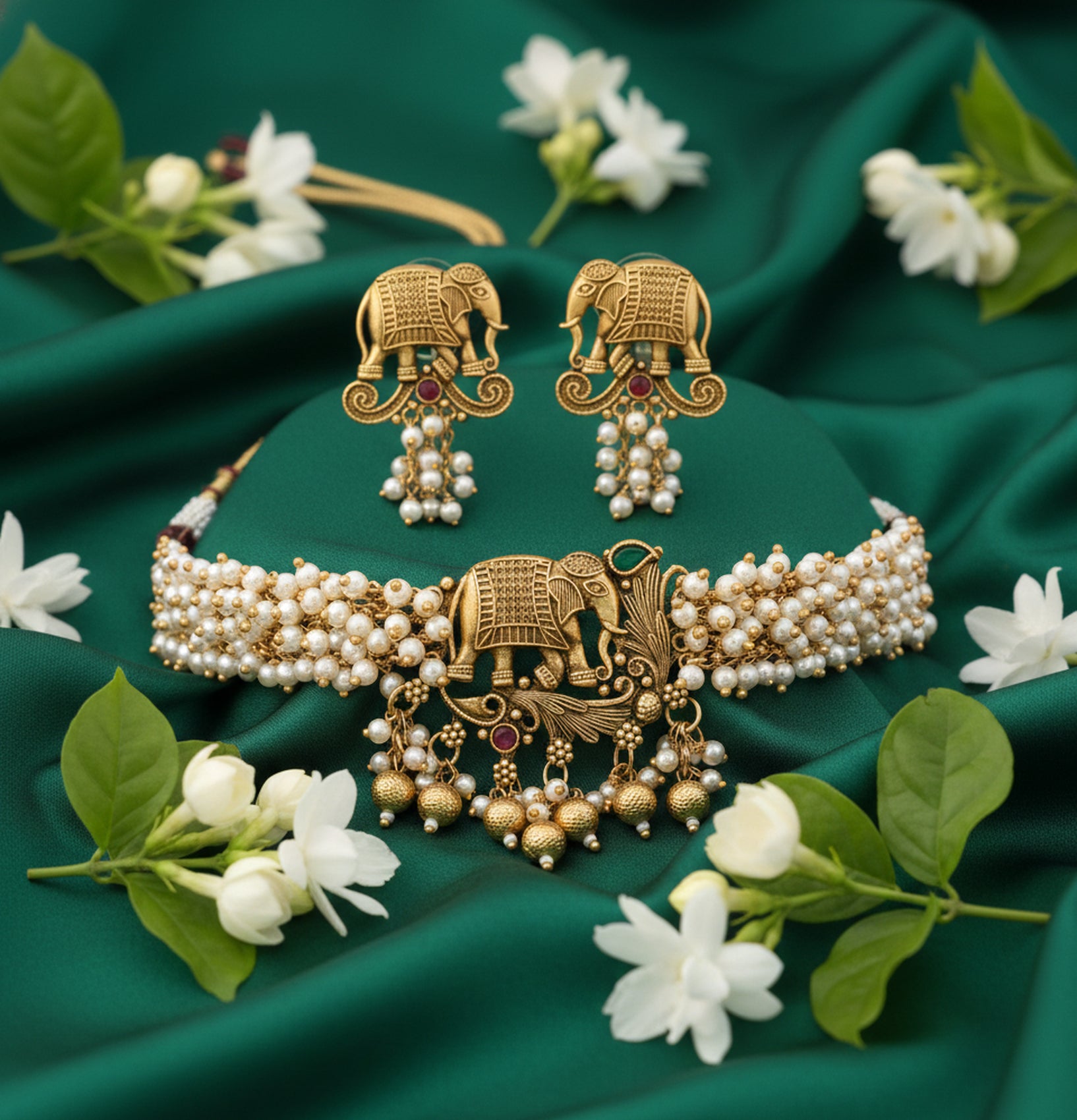 Jewel City Exquisite Handcrafted Elephant Motif White Pearl Jewelry Set - Where Tradition Meets Elegance - Distacart