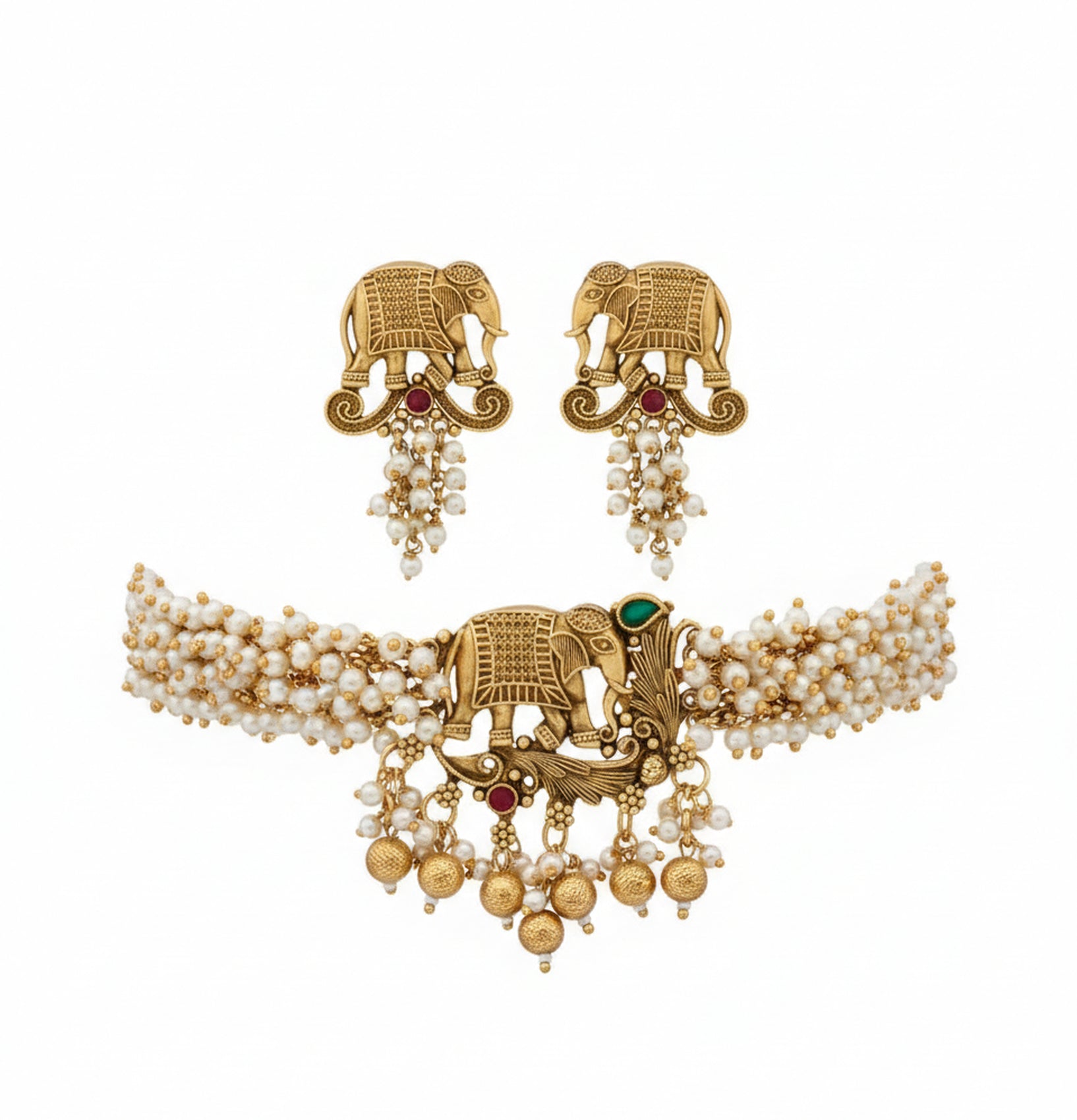 Jewel City Exquisite Handcrafted Elephant Motif White Pearl Jewelry Set - Where Tradition Meets Elegance - Distacart