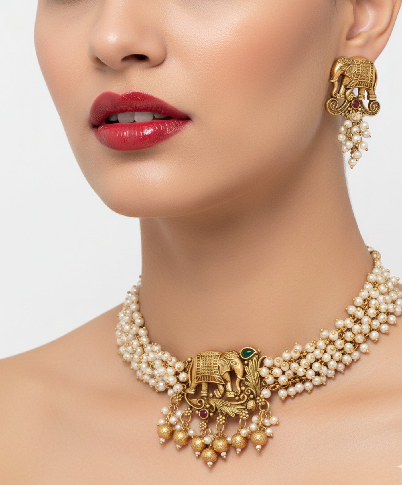 Jewel City Exquisite Handcrafted Elephant Motif White Pearl Jewelry Set - Where Tradition Meets Elegance - Distacart