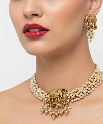 Jewel City Exquisite Handcrafted Elephant Motif White Pearl Jewelry Set - Where Tradition Meets Elegance - Distacart