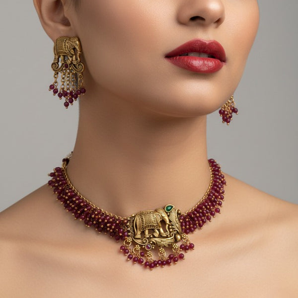 Jewel City Exquisite Handcrafted Elephant Motif Red Beaded Jewelry Set - Where Tradition Meets Elegance - Distacart