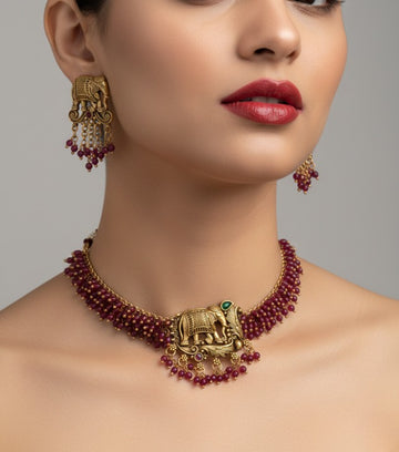 Jewel City Exquisite Handcrafted Elephant Motif Red Beaded Jewelry Set - Where Tradition Meets Elegance - Distacart
