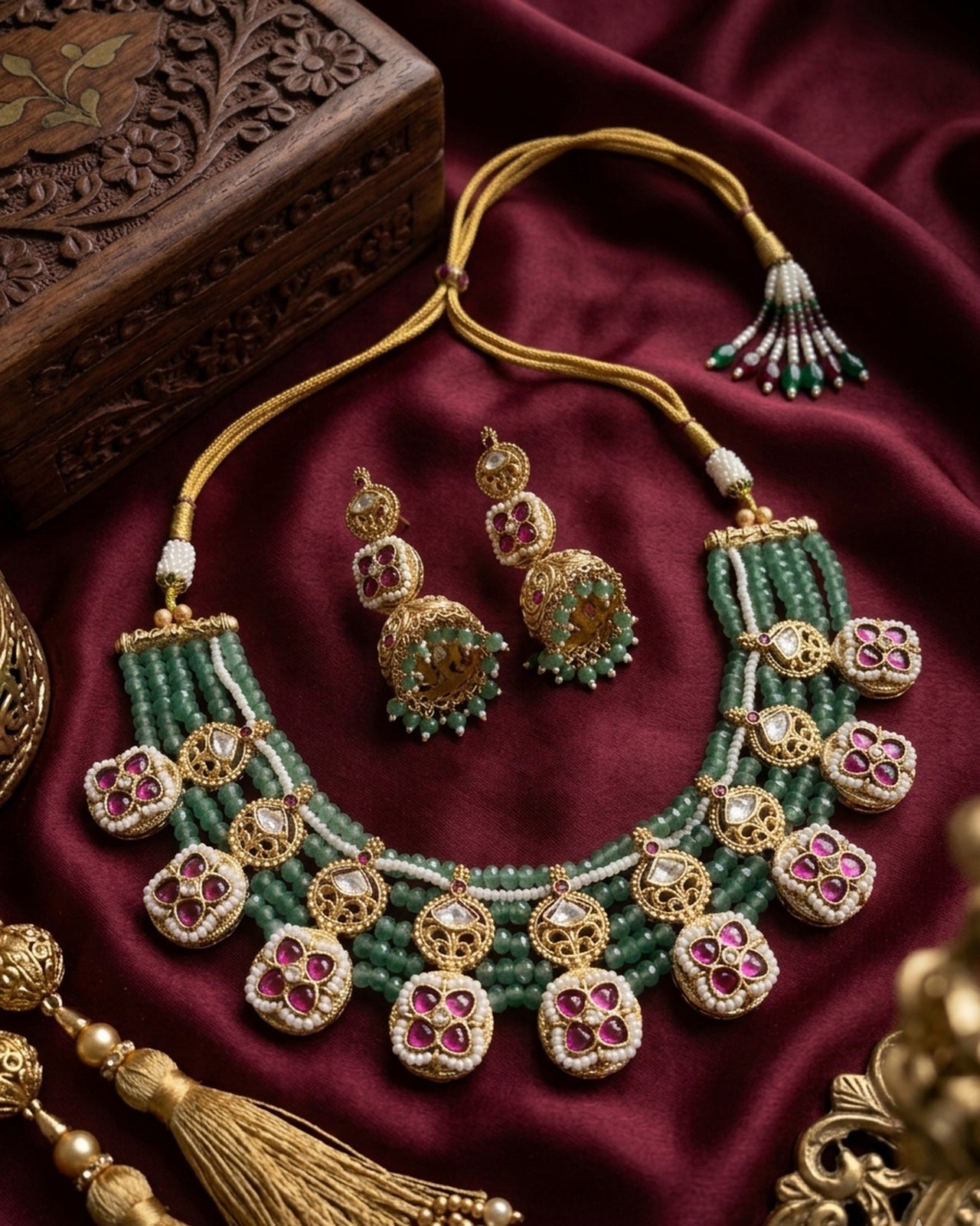Jewel City Traditional Polki & Green Beaded Choker Necklace Set with Jhumka Earrings | Gold-Plated Ethnic Bridal Jewelry - Dista