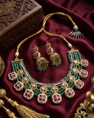 Jewel City Traditional Polki & Green Beaded Choker Necklace Set with Jhumka Earrings | Gold-Plated Ethnic Bridal Jewelry - Dista
