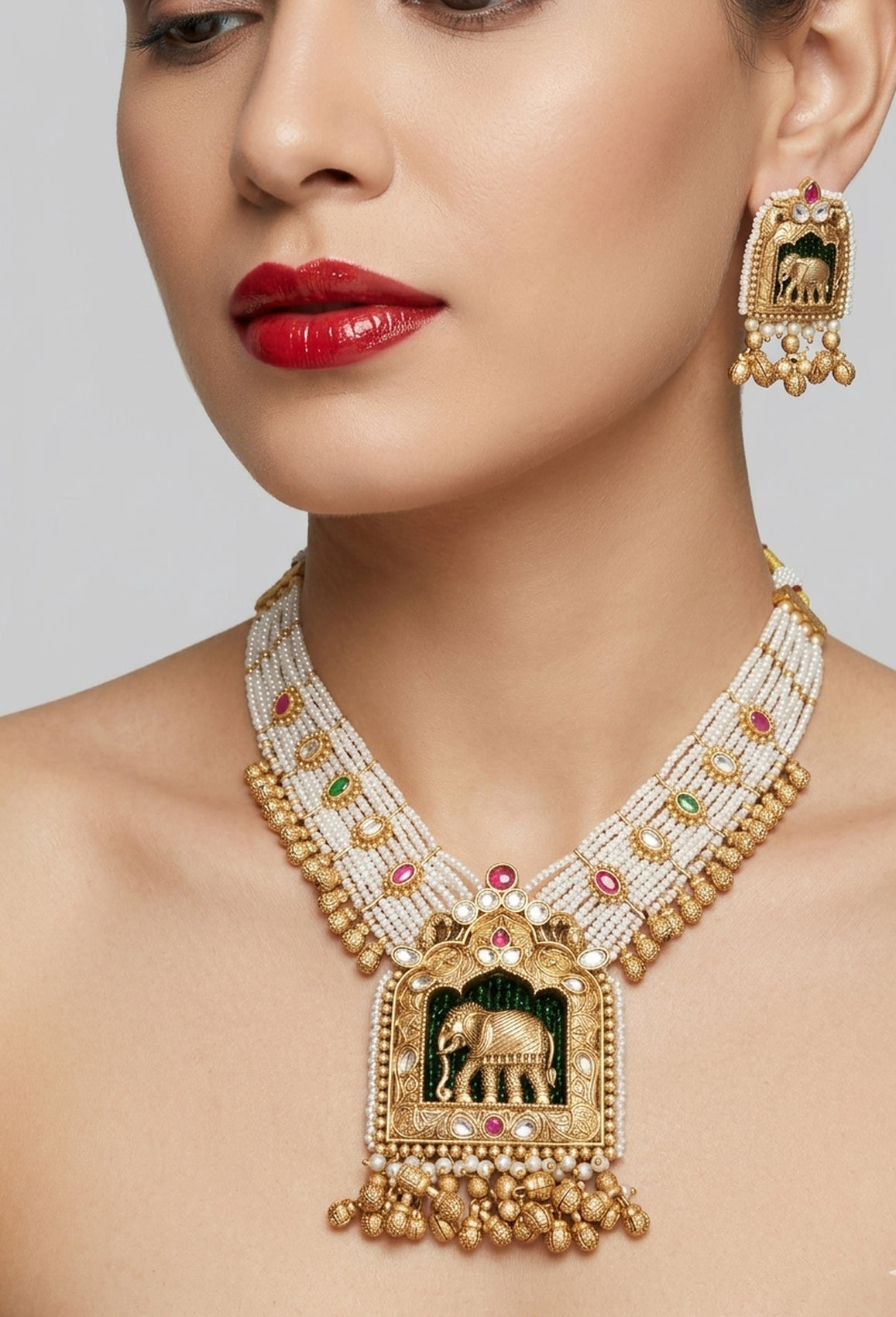 Jewel City Handcrafted Elephant Motif Gold-Plated Pearl Necklace Set - Traditional Ethnic Jewelry for Weddings & Festivals - Dista