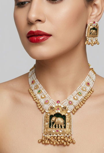 Jewel City Handcrafted Elephant Motif Gold-Plated Pearl Necklace Set - Traditional Ethnic Jewelry for Weddings & Festivals - Dista