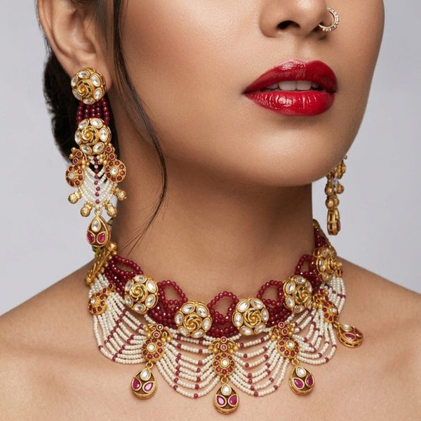 Jewel City Handcrafted Kundan & Ruby Bead Choker Set | Traditional Indian Gold-Plated Bridal Jewelry - Distacart