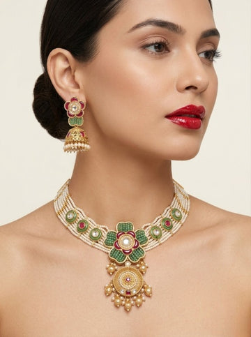Jewel City Antique Gold-Plated Kundan Pearl Bridal Necklace Set with Jhumka | Traditional Ethnic Jewelry - Dista