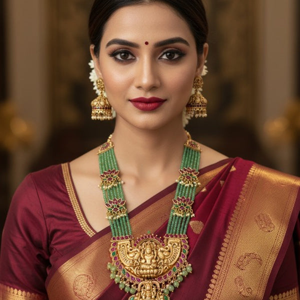 Jewel City Traditional Lakshmi Temple Long Haram Necklace Set for Women | Gold-Plated Pearl, Ruby & Green Stone Bridal Jewellery - Distacart
