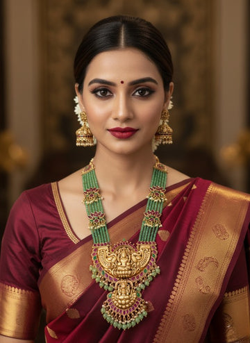 Jewel City Traditional Lakshmi Temple Long Haram Necklace Set for Women | Gold-Plated Pearl, Ruby & Green Stone Bridal Jewellery - Distacart