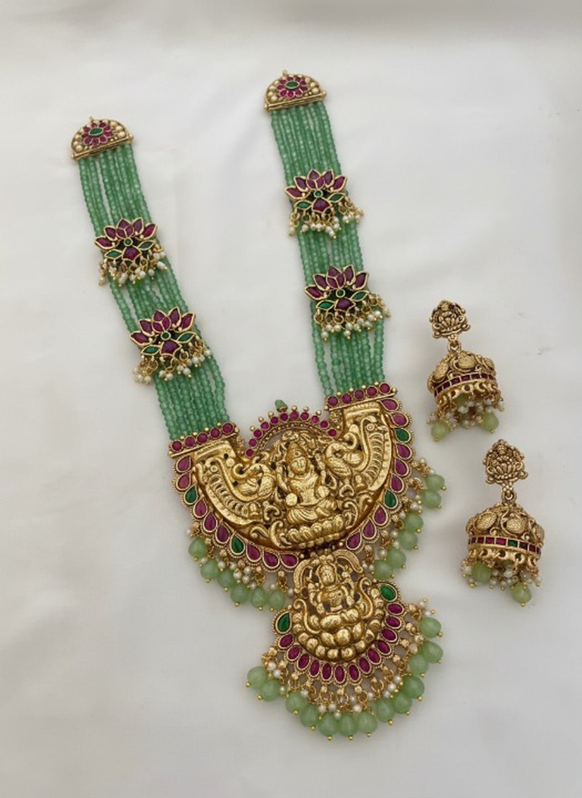 Jewel City Traditional Lakshmi Temple Long Haram Necklace Set for Women | Gold-Plated Pearl, Ruby & Green Stone Bridal Jewellery - Distacart