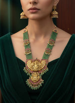 Thumbnail for Jewel City Traditional Lakshmi Temple Long Haram Necklace Set for Women | Gold-Plated Pearl, Ruby & Green Stone Bridal Jewellery - Distacart