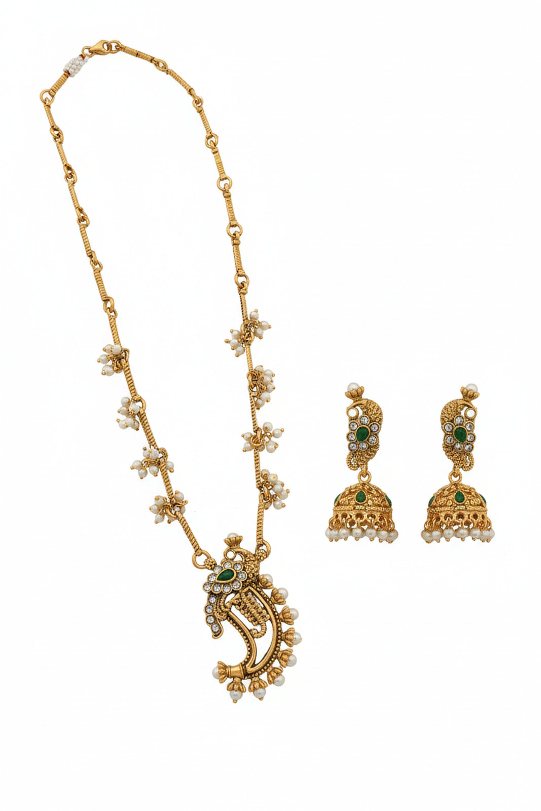Jewel City Traditional Temple Gold-Plated Peacock Necklace Set with Pearls & Jhumka Earrings - Distacart