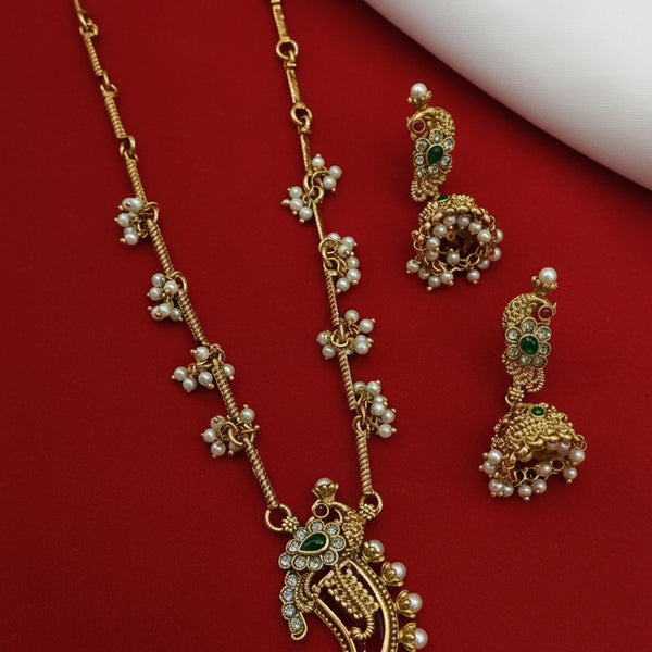 Jewel City Traditional Temple Gold-Plated Peacock Necklace Set with Pearls & Jhumka Earrings - Distacart