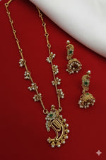 Thumbnail for Jewel City Traditional Temple Gold-Plated Peacock Necklace Set with Pearls & Jhumka Earrings - Distacart