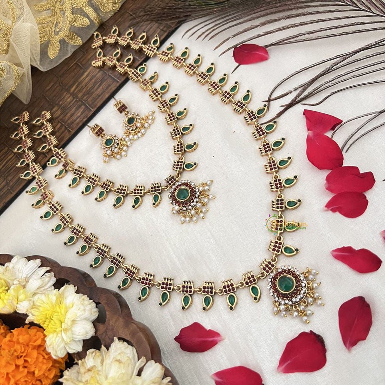 Jewel City Traditional Gold-Plated Green Stone Long Haram Necklace Set for Women & Brides - Distacart