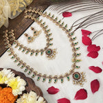 Thumbnail for Jewel City Traditional Gold-Plated Green Stone Long Haram Necklace Set for Women & Brides - Distacart