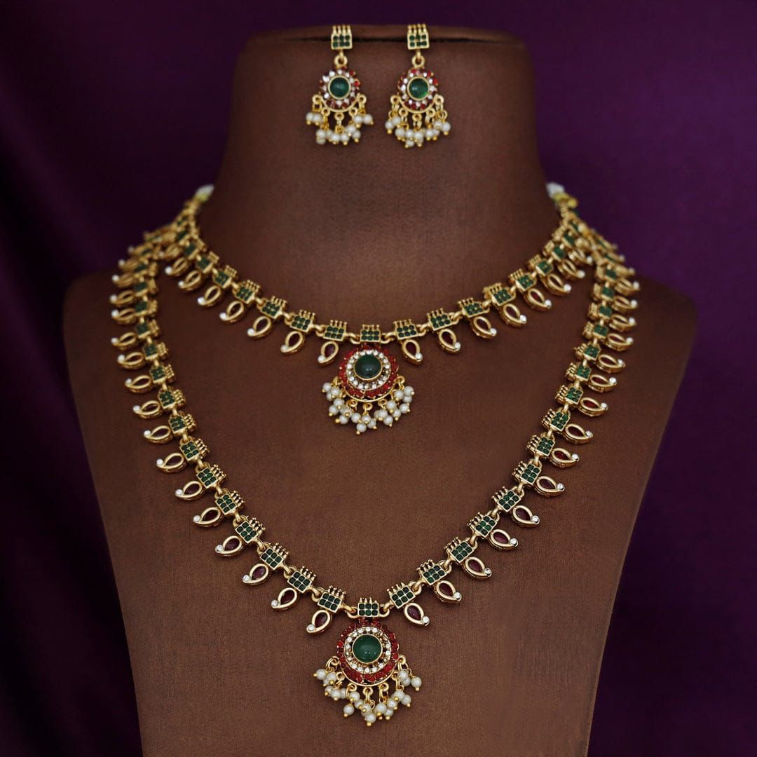Jewel City Traditional Gold-Plated Green Stone Long Haram Necklace Set for Women & Brides - Distacart