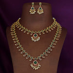Thumbnail for Jewel City Traditional Gold-Plated Green Stone Long Haram Necklace Set for Women & Brides - Distacart