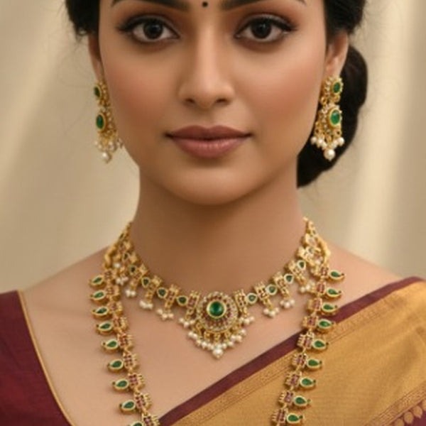 Jewel City Traditional Gold-Plated Green Stone Long Haram Necklace Set for Women & Brides - Distacart