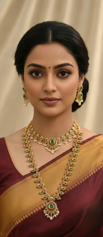 Thumbnail for Jewel City Traditional Gold-Plated Green Stone Long Haram Necklace Set for Women & Brides - Distacart