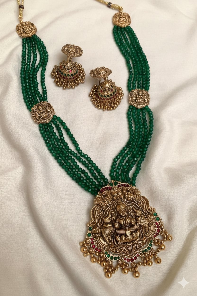 Jewel City Antique Gold-Plated Lakshmi Long Haram Set with Green Beads & Jhumkas – Traditional Temple Jewelry - Distacart
