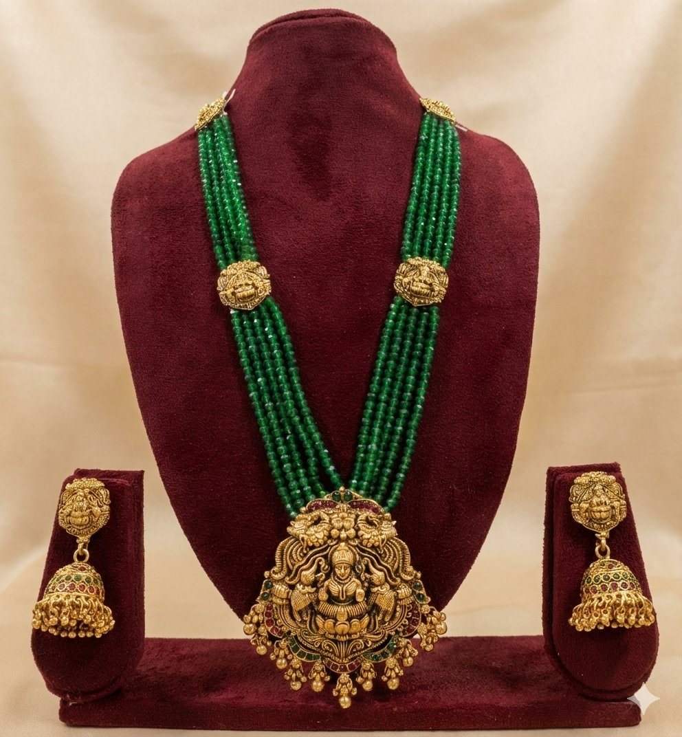Jewel City Antique Gold-Plated Lakshmi Long Haram Set with Green Beads & Jhumkas – Traditional Temple Jewelry - Distacart