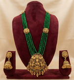 Thumbnail for Jewel City Antique Gold-Plated Lakshmi Long Haram Set with Green Beads & Jhumkas – Traditional Temple Jewelry - Distacart