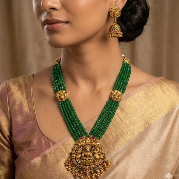 Jewel City Antique Gold-Plated Lakshmi Long Haram Set with Green Beads & Jhumkas – Traditional Temple Jewelry - Distacart