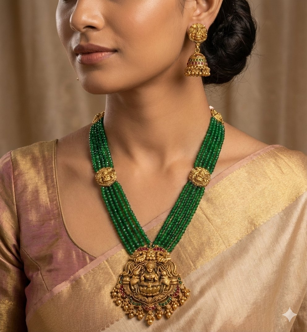 Jewel City Antique Gold-Plated Lakshmi Long Haram Set with Green Beads & Jhumkas – Traditional Temple Jewelry - Distacart