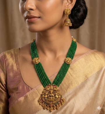 Jewel City Antique Gold-Plated Lakshmi Long Haram Set with Green Beads & Jhumkas – Traditional Temple Jewelry - Distacart