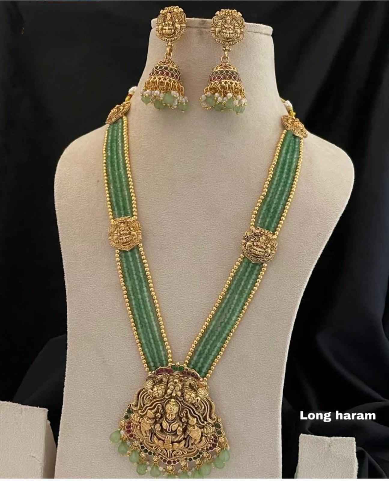 Jewel City Antique Gold-Plated Lakshmi Long Haram Set with Green Beads & Jhumkas – Traditional Temple Jewelry - Distacart