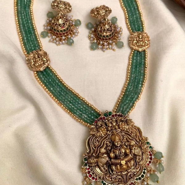 Jewel City Antique Gold-Plated Lakshmi Long Haram Set with Green Beads & Jhumkas – Traditional Temple Jewelry - Distacart