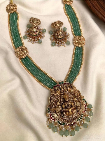 Jewel City Antique Gold-Plated Lakshmi Long Haram Set with Green Beads & Jhumkas – Traditional Temple Jewelry - Distacart