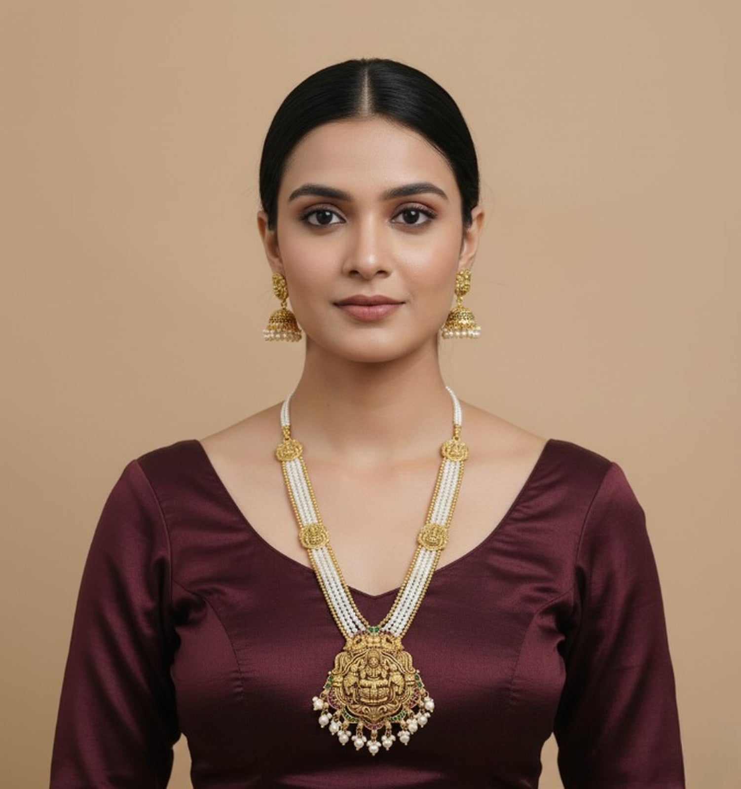 Jewel City Antique Gold-Plated Lakshmi Long Haram Set with White Beads & Jhumkas – Traditional Temple Jewelry