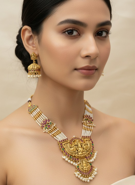 Jewel City Traditional Lakshmi Temple Long Haram Necklace Set for Women | Gold-Plated Pearl, Ruby & Green Stone Bridal Jewellery - Distacart