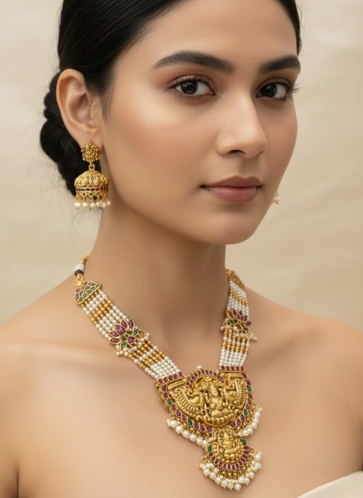 Jewel City Traditional Lakshmi Temple Long Haram Necklace Set for Women | Gold-Plated Pearl, Ruby & Green Stone Bridal Jewellery