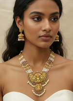 Thumbnail for Jewel City Traditional Lakshmi Temple Long Haram Necklace Set for Women | Gold-Plated Pearl, Ruby & Green Stone Bridal Jewellery - Distacart