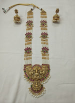 Thumbnail for Jewel City Traditional Lakshmi Temple Long Haram Necklace Set for Women | Gold-Plated Pearl, Ruby & Green Stone Bridal Jewellery - Distacart