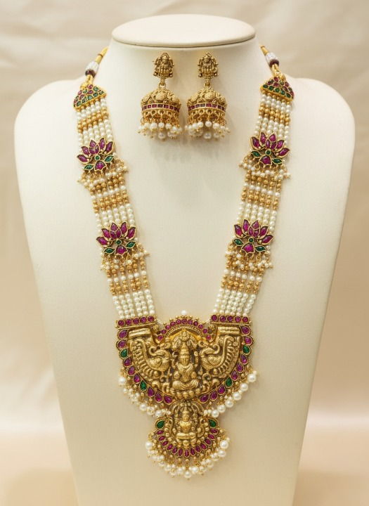 Jewel City Traditional Lakshmi Temple Long Haram Necklace Set for Women | Gold-Plated Pearl, Ruby & Green Stone Bridal Jewellery - Distacart
