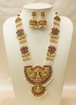 Thumbnail for Jewel City Traditional Lakshmi Temple Long Haram Necklace Set for Women | Gold-Plated Pearl, Ruby & Green Stone Bridal Jewellery - Distacart